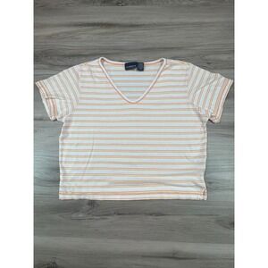VTG Liz Claiborne Lizsport Womens XL V-Neck Striped Cotton T-Shirt Orange Yellow